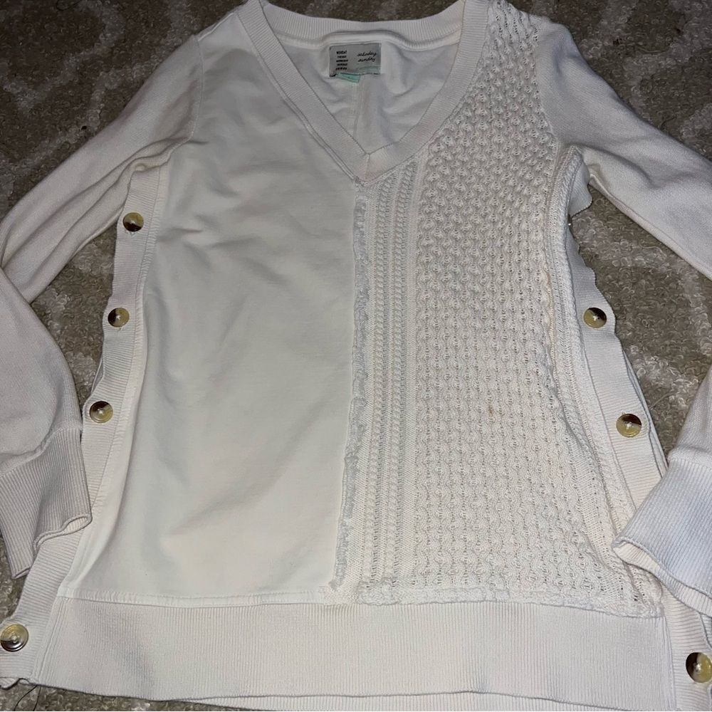Anthropologie size S Women's White V-Neck Sweater with Button Detail